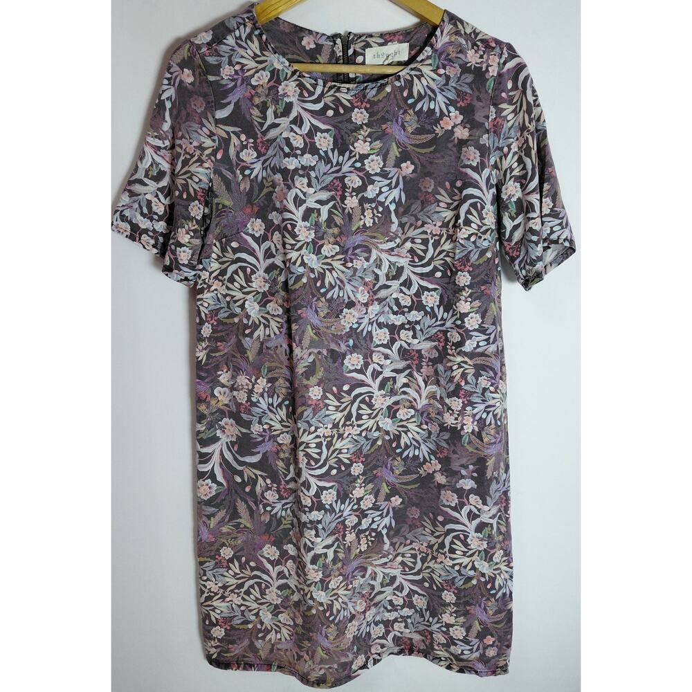 thought Floral Short Sleeve Dress Purple Knit Crew Neck Knee Length Size 10